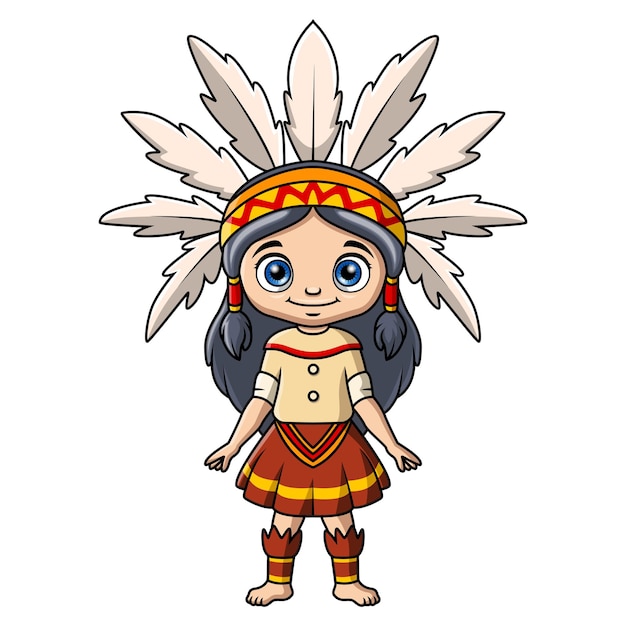 Lindo dibujo animado de una chica india nativa americana sobre un fondo blanco