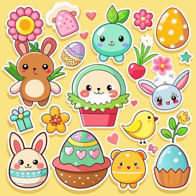 Lindo dibujo animado conejo de Pascua huevos de pollo flores y otros elementos en estilo de dibujos animados