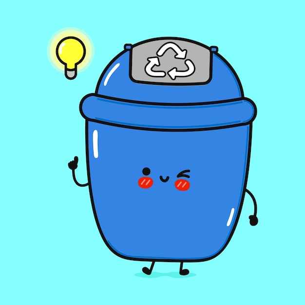 Un lindo dibujo animado de contenedor de reciclaje tiene una brillante idea para clasificar los residuos y proteger el medio ambiente