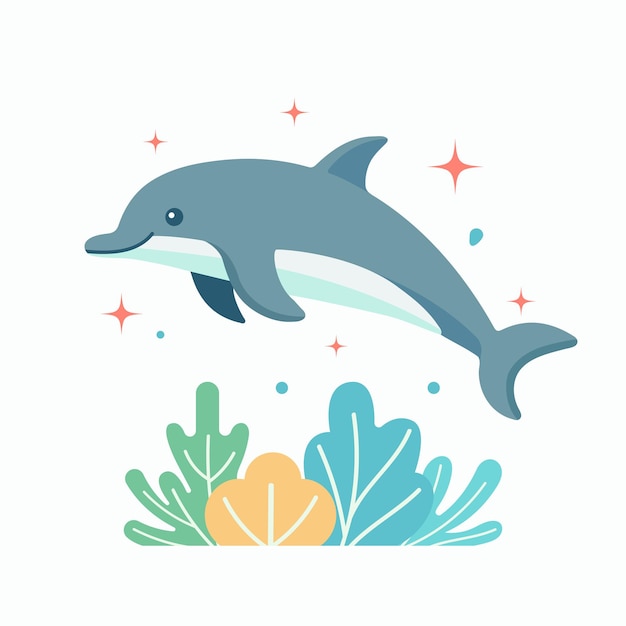 Lindo dibujo animado de un delfín feliz en el mar ilustración de estilo vectorial plano