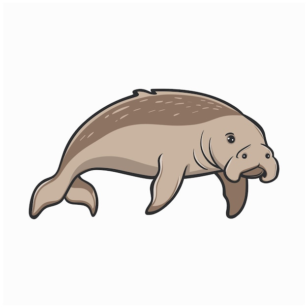 Lindo dibujo animado de dugong aislado sobre fondo blanco Ilustración vectorial dibujada a mano de la vaca marina
