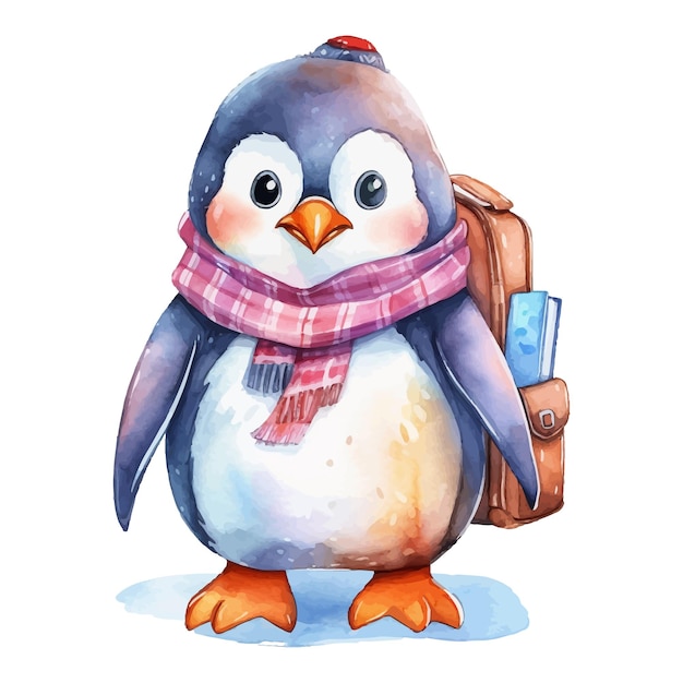 Lindo dibujo animado de un estudiante pingüino en el estilo de la pintura en acuarela