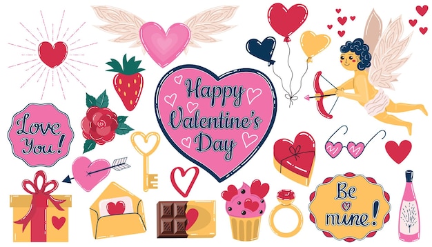 Lindo dibujo animado Feliz día de San Valentín elementos de diseño colección en estilo plano Conjunto de símbolos de vacaciones y amor