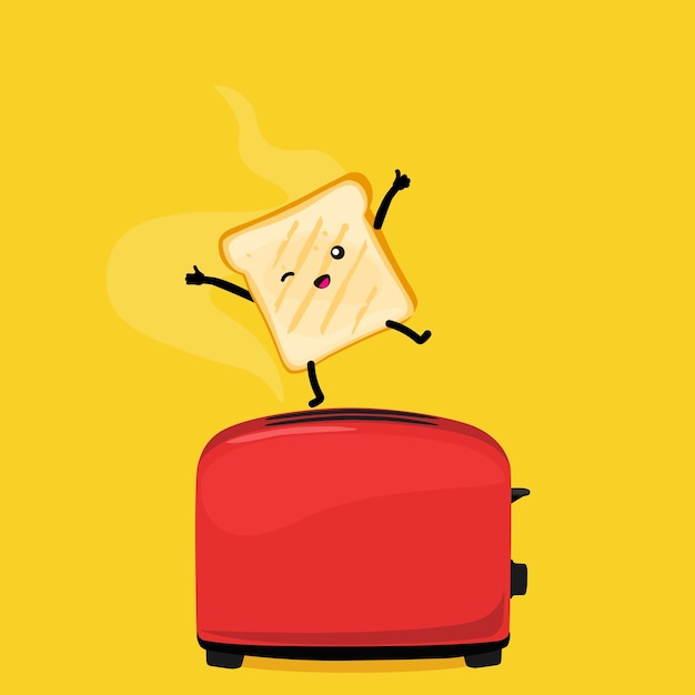 Lindo dibujo animado feliz tostada divertida saltando de la tostadora contra un fondo amarillo tostada sonriente diseño de ilustración vectorial de personajes de pan