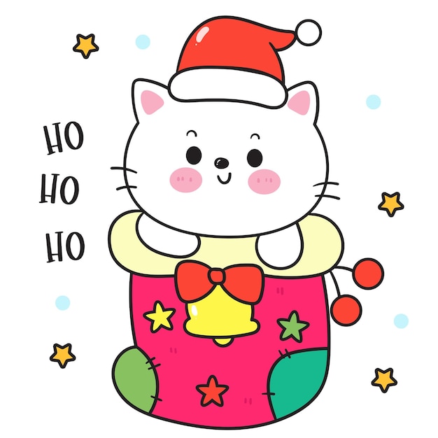 Vector lindo dibujo animado de gato en calcetín de navidad x mas tarjeta kawaii gatito bebé animal