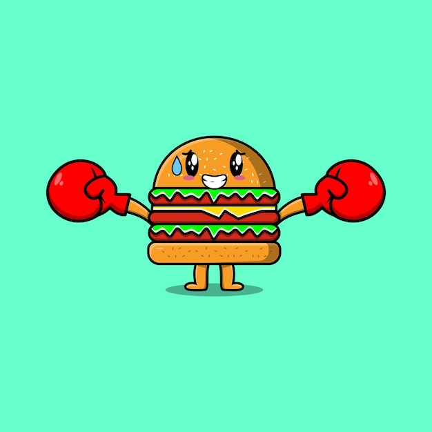 Lindo dibujo animado de la mascota Burger jugando deporte con guantes de boxeo y un lindo diseño elegante