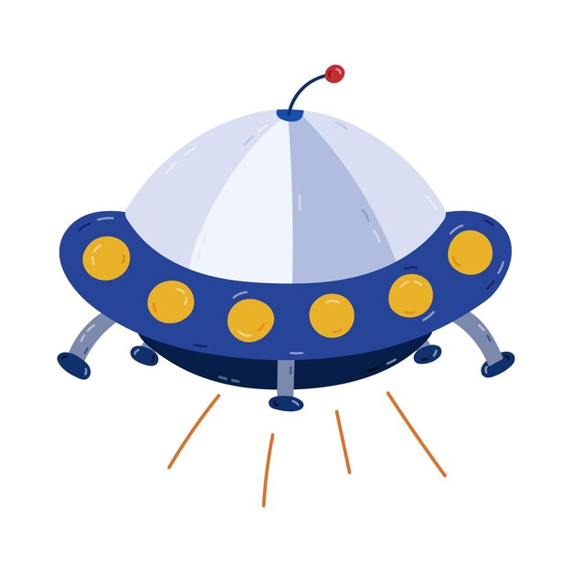 Lindo dibujo animado nave espacial OVNI con luz en estilo infantil simple platillo volador de alienígena