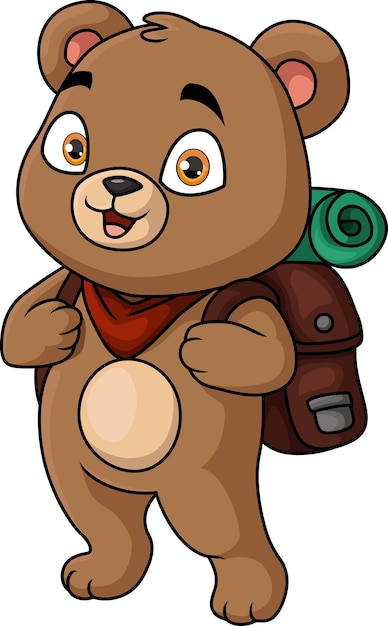 Lindo dibujo animado de un oso caminando con mochila