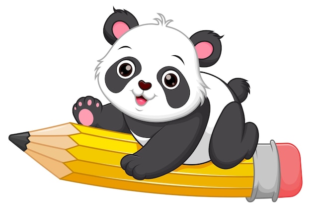 Lindo dibujo animado de panda montando un lápiz volador Ilustración vectorial Icono de educación animal Concepto