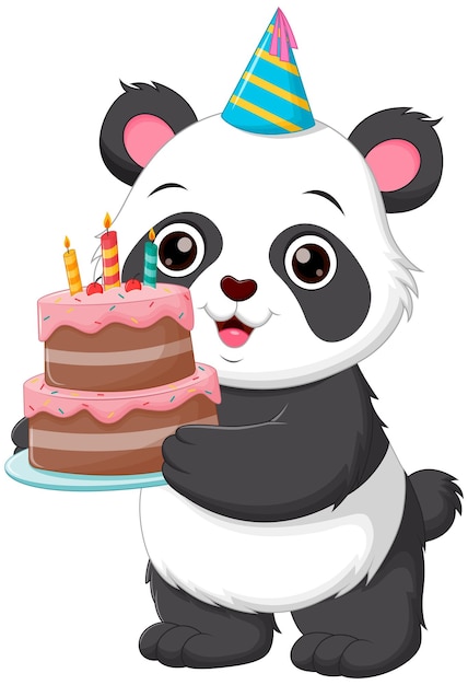 Vector lindo dibujo animado de panda sosteniendo pastel de cumpleaños ilustración vectorial icono de naturaleza animal concepto