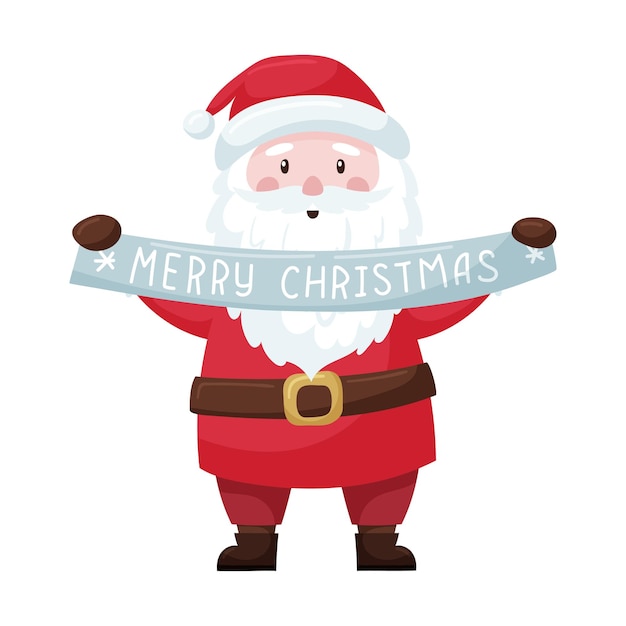 Un lindo dibujo animado de Papá Noel de Navidad con traje rojo y sombrero sostiene una cinta con las palabras Feliz Navidad en sus manos. Papá Noel está sonriendo. Personaje adorable en un estilo plano. Aislado en un fondo blanco.