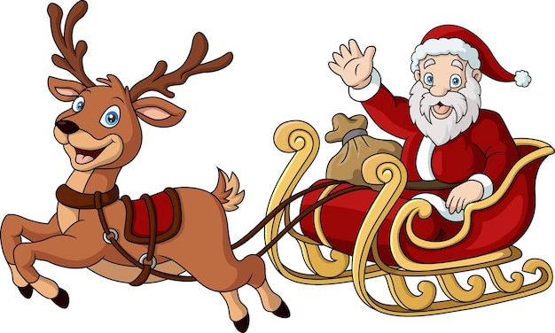 El lindo dibujo animado de Papá Noel con trineo de renos
