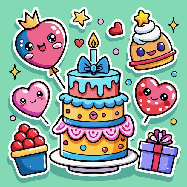 Lindo dibujo animado de pastel de cumpleaños y ilustraciones de artículos de fiesta