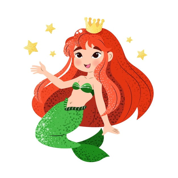 Lindo dibujo animado de la pequeña sirena Ilustración vectorial en estilo plano Diseño gráfico para niños