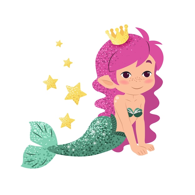 Lindo dibujo animado de la pequeña sirena Ilustración vectorial en estilo plano Diseño gráfico para niños