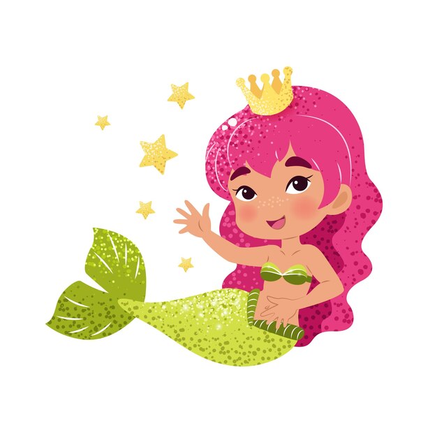 Lindo dibujo animado de la pequeña sirena Ilustración vectorial en estilo plano Diseño gráfico para niños