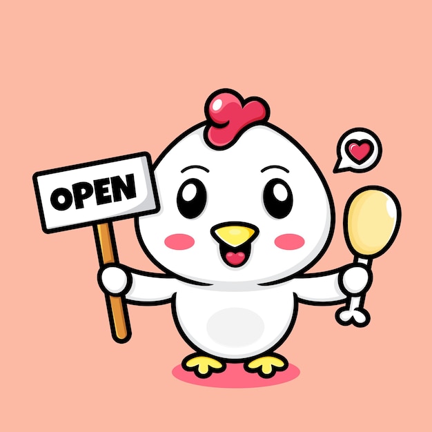 Vector lindo dibujo animado de pollo que lleva muslos de pollo y una tabla que dice abierto