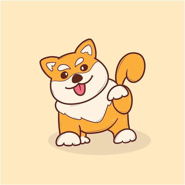 Lindo dibujo animado Shiba Inu perro señalando con su pata