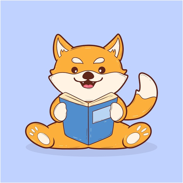 Vector lindo dibujo animado shiba inu perro sentado y leyendo un libro