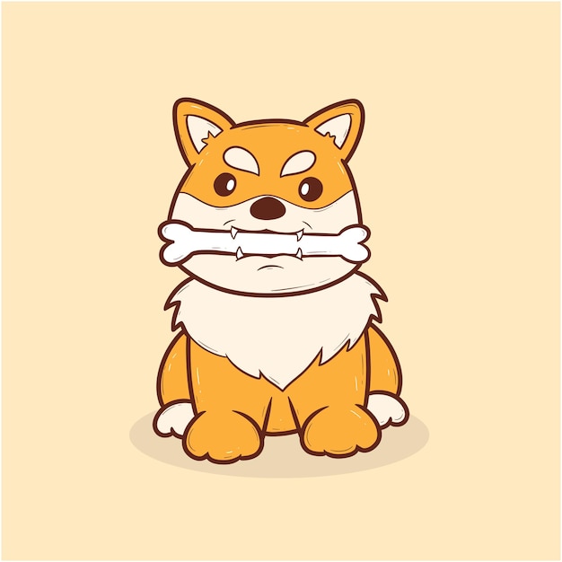 Vector lindo dibujo animado shiba inu perro sosteniendo un hueso en su bocaimprenta