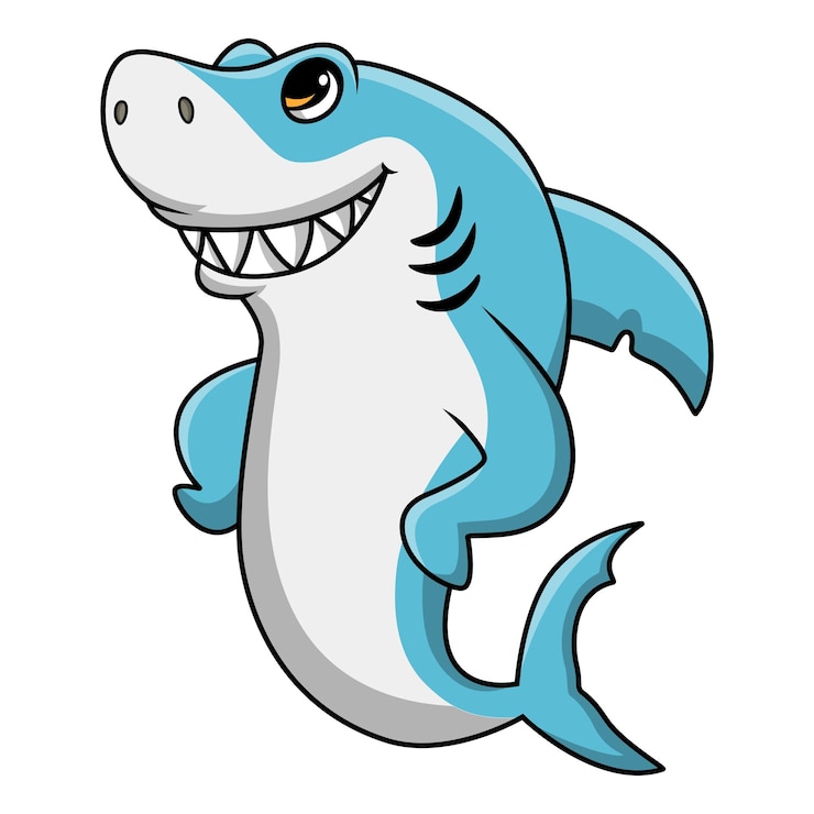 Lindo dibujo animado de tiburón sobre fondo blanco