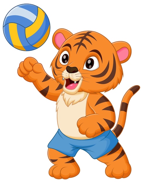 Vector lindo dibujo animado de tigre jugando al voleibol ilustración vectorial concepto de icono de naturaleza animal