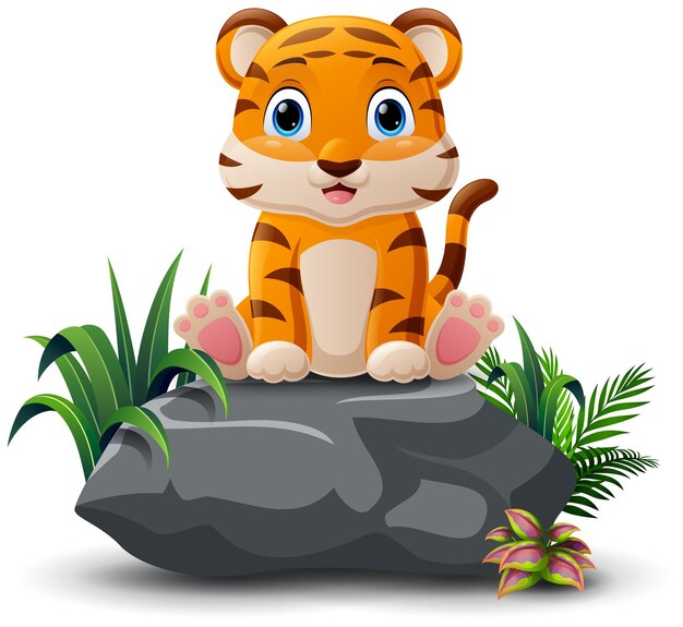 Lindo dibujo animado de un tigre sentado en la piedra