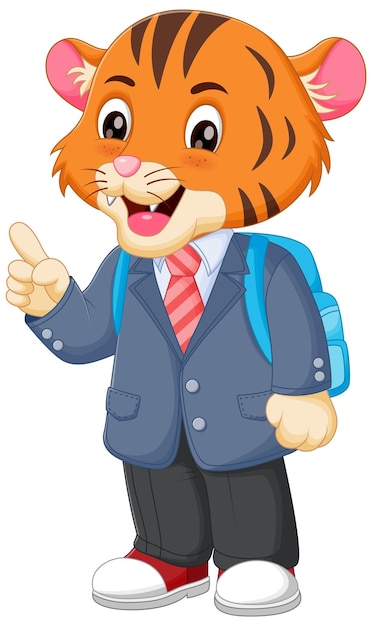 Vector lindo dibujo animado de tigre yendo a la escuela ilustración vectorial lindo tigre en uniforme escolar con bolsa