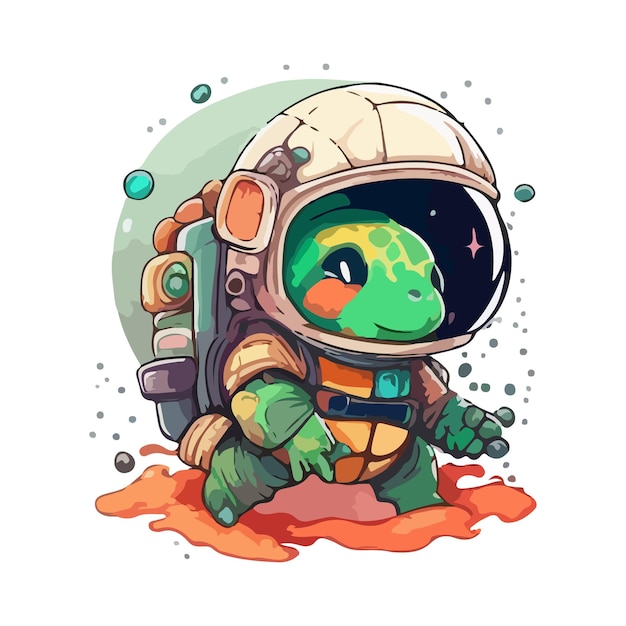 lindo dibujo animado de tortuga astronauta con ilustración vectorial, fondo blanco, tecnología animal