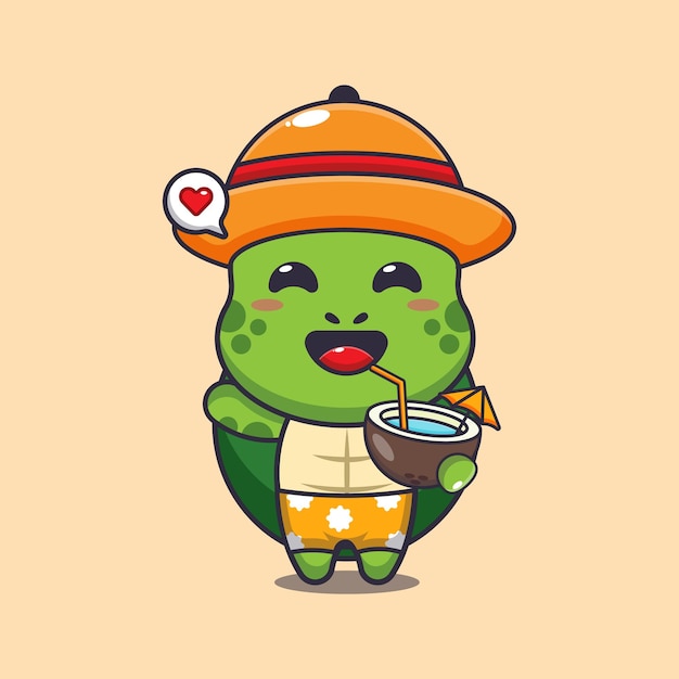 Lindo dibujo animado de tortuga que bebe coco Lindo dibujo animado de verano