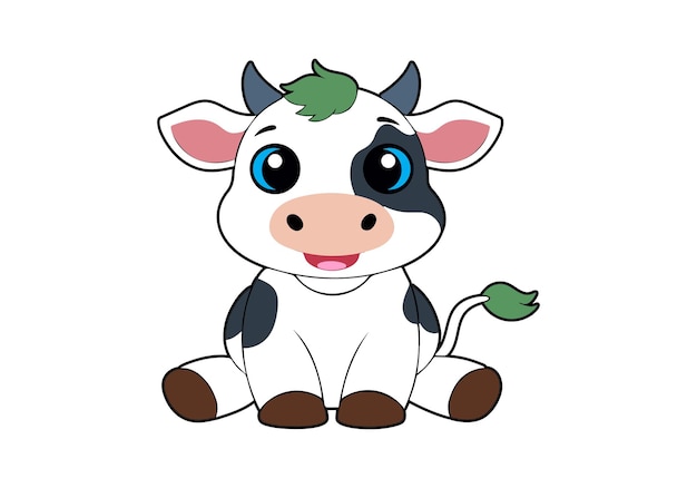 Lindo dibujo animado de una vaca sentada, perfecto para productos infantiles.