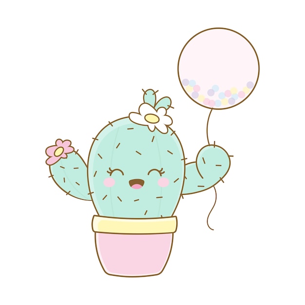 Un lindo dibujo de cactus sosteniendo un globo de aire al estilo kawaii