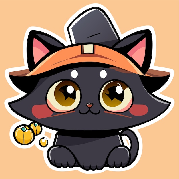 Vector lindo dibujo de gato con sombrero de bruja dibujado a mano pegatina de dibujos animados concepto de icono ilustración aislada