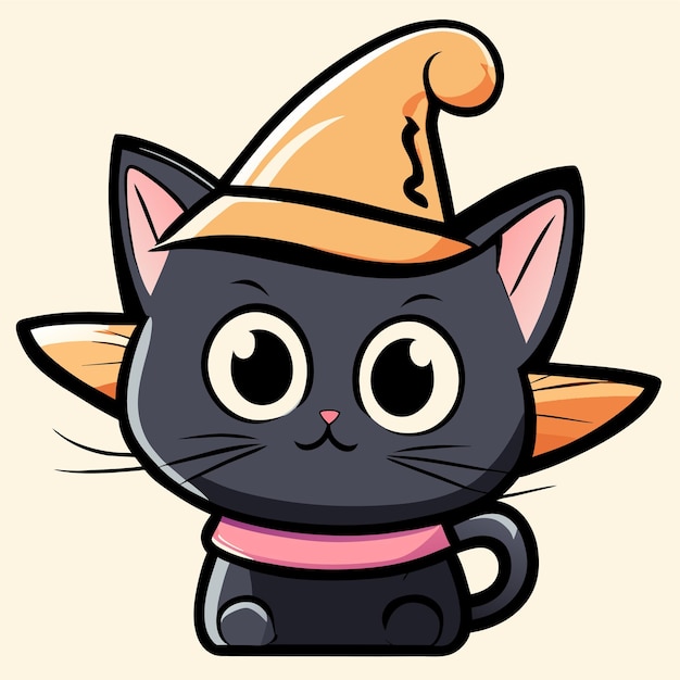 Lindo dibujo de gato con sombrero de bruja dibujado a mano pegatina de dibujos animados concepto de icono ilustración aislada