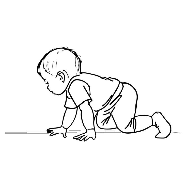 Vector lindo dibujo de una línea de niño gateando primeros pasos del niño feliz silueta de boceto aislado