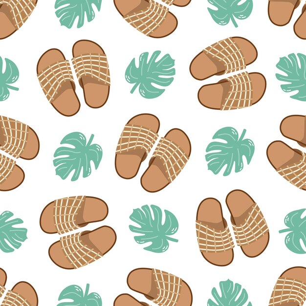 Lindo dibujo a mano de chanclas y hojas de plantas con patrón sin costuras Ilustración vectorial plana Dibujo de Doodlex9