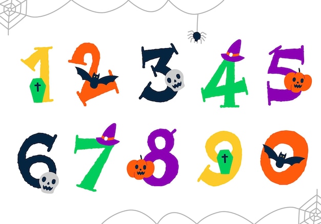 Lindo dibujo a mano dibujos animados Spooky Happy Halloween Elementos espeluznantes número numérico numeral diseño de fuente