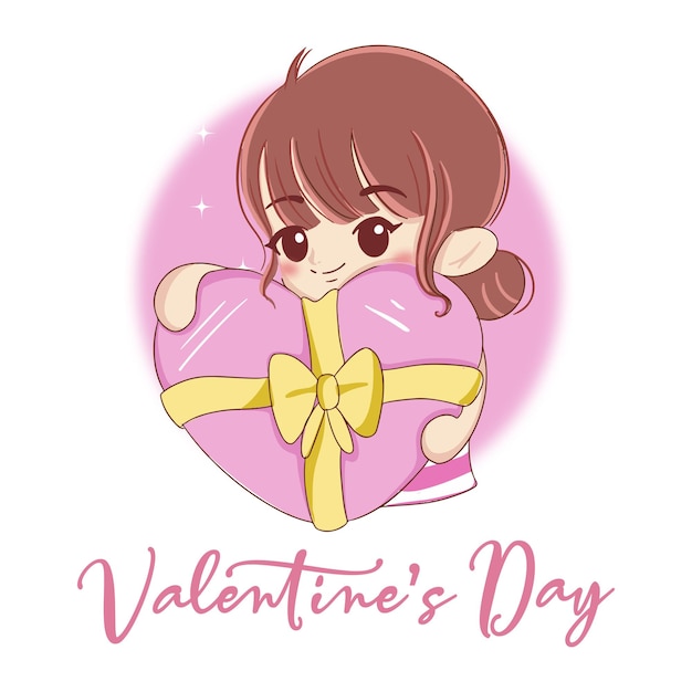 Lindo dibujo a mano de la ilustración de la chica de san valentín sostiene el amor vector de chocolate