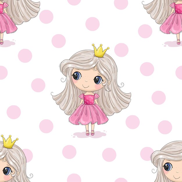 Lindo dibujo a mano con una niña linda vector ilustración de patrón sin costuras Princesa de dibujos animados linda