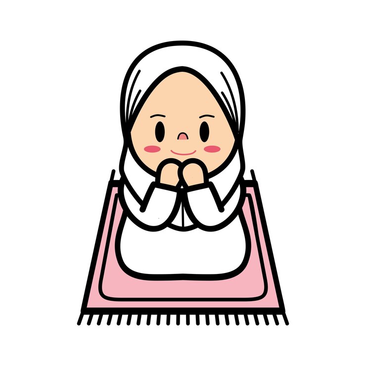 Lindo dibujo a mano de una niña musulmana que reza sentada en una alfombra de oración Sajada