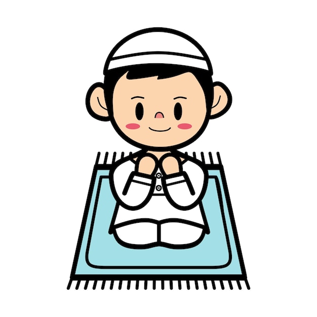 Lindo dibujo a mano de un niño musulmán que reza sentado en una alfombra de oración Sajada