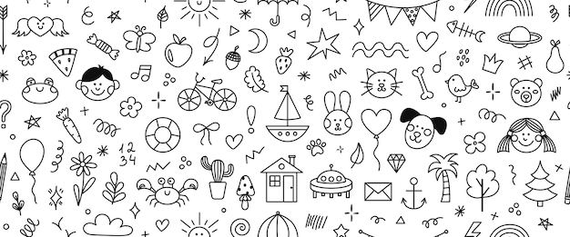 Lindo dibujo a mano con un patrón vectorial sin costuras de elementos decorativos sencillos para niños Colección