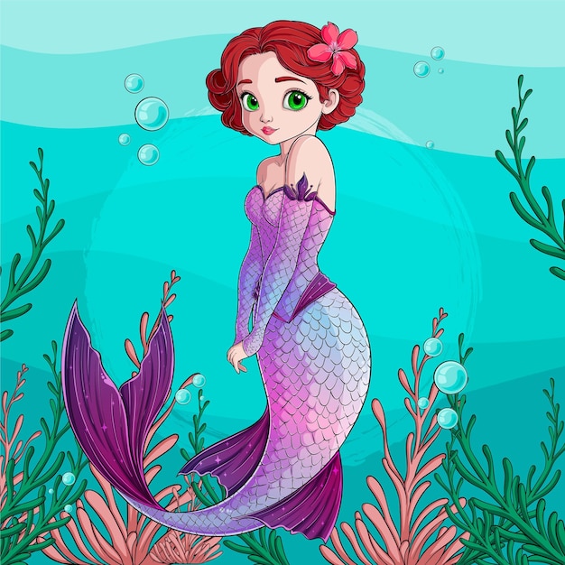 Lindo dibujo a mano de sirena de cabello rojo y cola azul-púrpura brillante bajo el agua