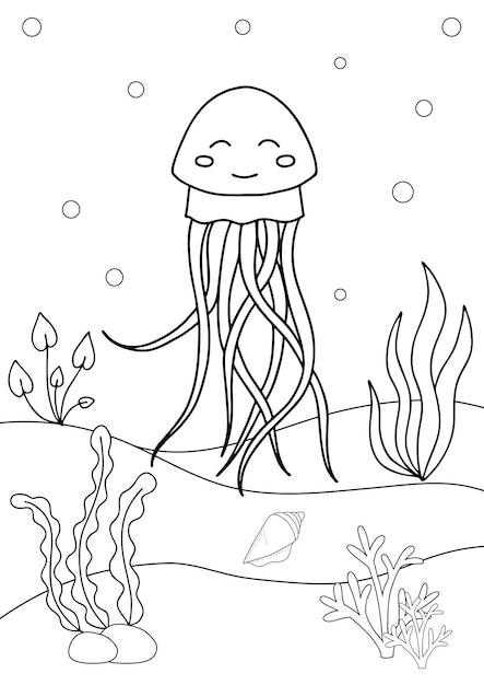 Lindo dibujo de medusas Libro para colorear o página para niños Vida marina