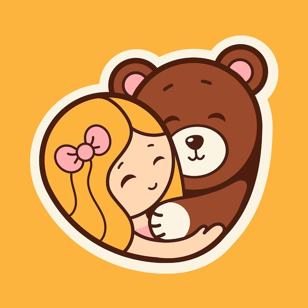 Vector lindo dibujo de una niña abrazando a un oso sobre un fondo amarillo