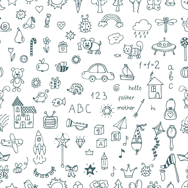 Lindo dibujo de niños dibujado a mano patrón sin costuras Doodle niños dibujando fondo