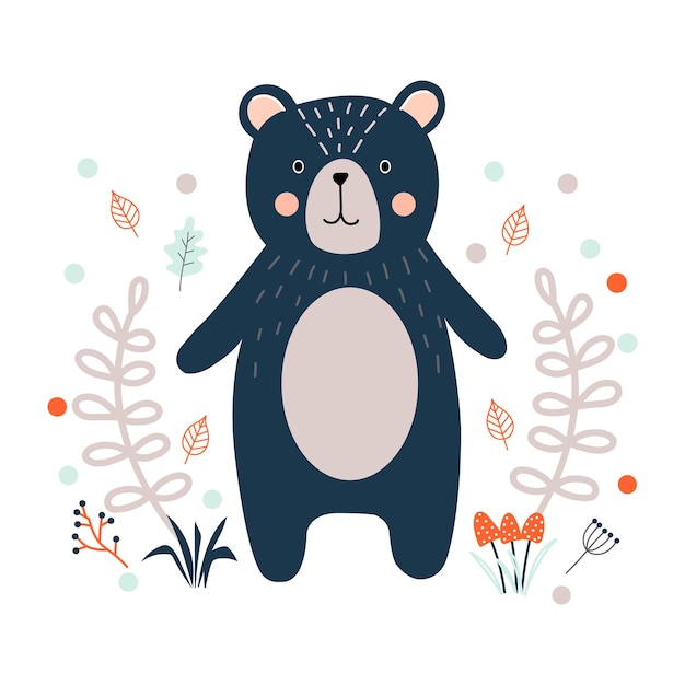 Lindo dibujo de oso del bosque Diseño de animales del bosque con hojas y plantas para niños