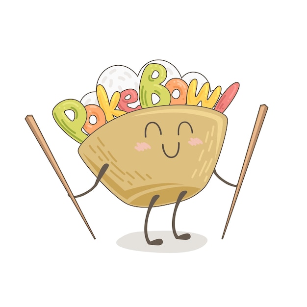 Vector lindo dibujo de un poke bowl. ilustración de comida kawaii