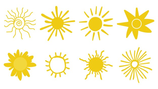 Un lindo dibujo de sol brillando aislado sobre un fondo blanco