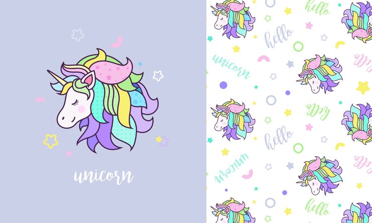 Vector lindo dibujo de unicornio con patrones sin fisuras